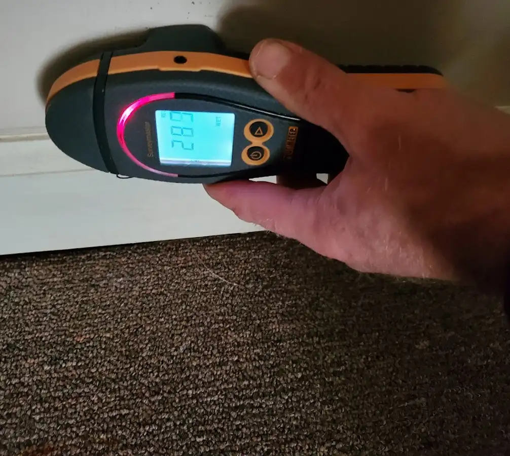 Moisture detection at baseboard during Storm Damage Restoration in Helotes